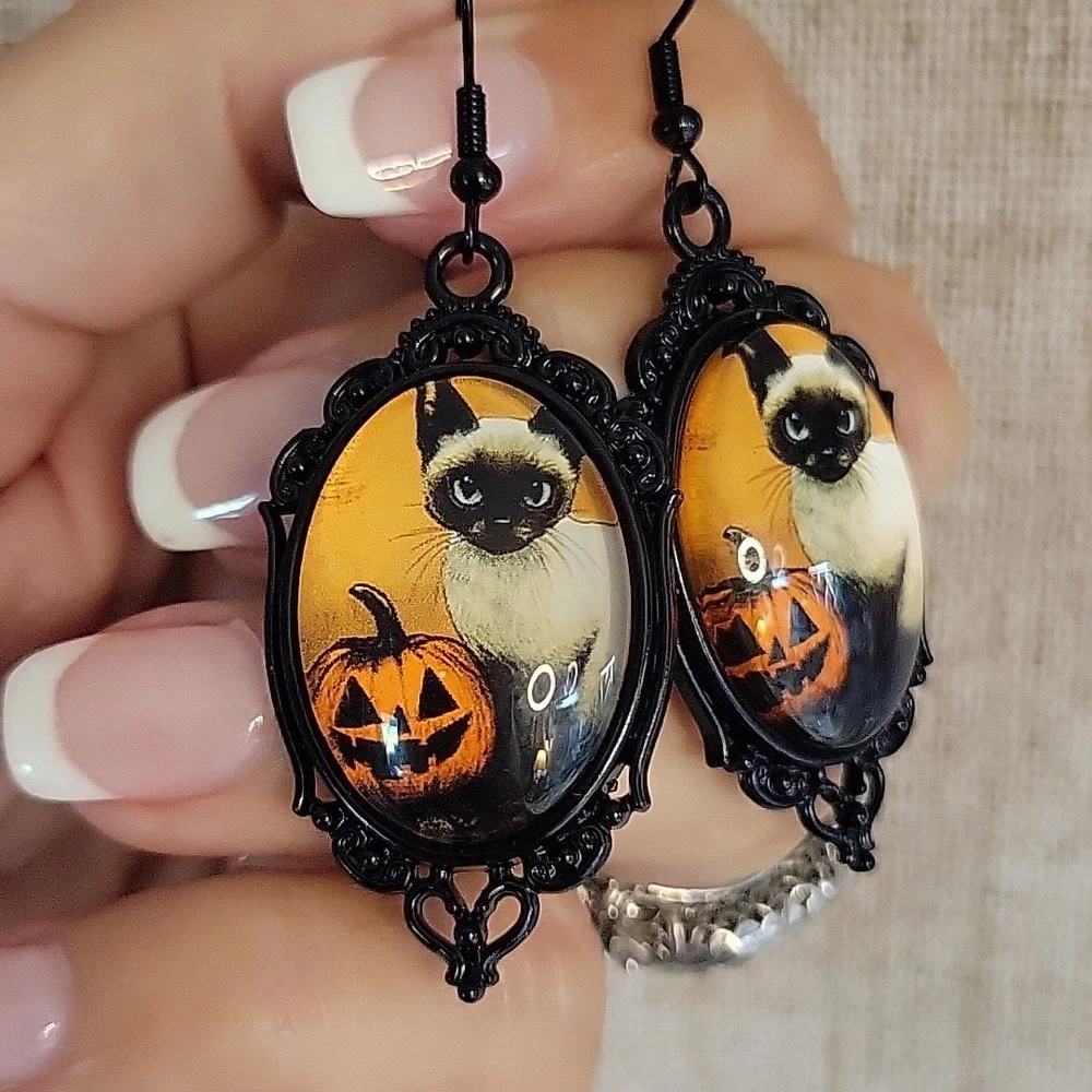 SIAMESE CAT HALLOWEEN PUMPKIN BROOCH DROP EARRINGS